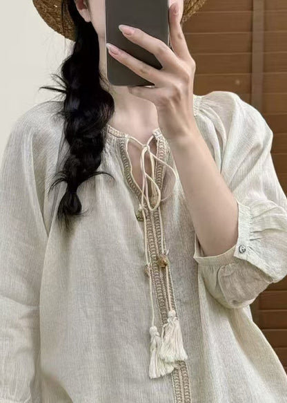 Natural White Oversized Lace Up Linen Blouse Top Summer