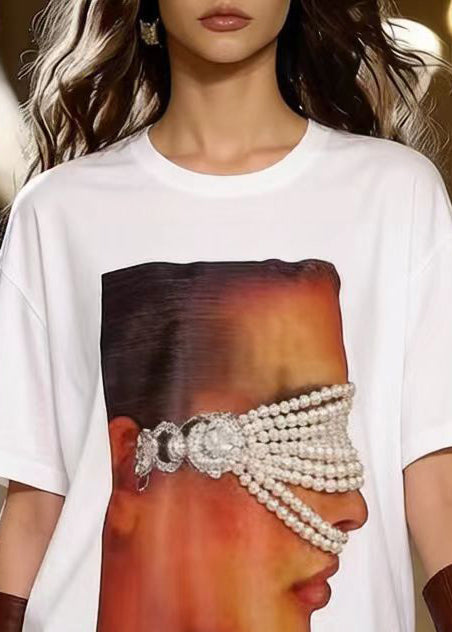Natural White Oversized Patchwork Pearl Cotton Long Tops Summer