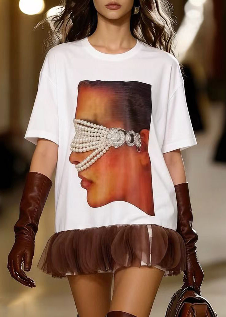 Natural White Oversized Patchwork Pearl Cotton Long Tops Summer