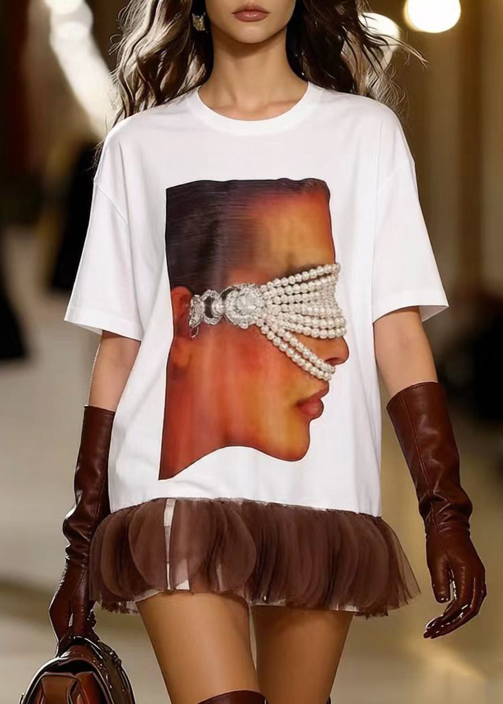 Natural White Oversized Patchwork Pearl Cotton Long Tops Summer