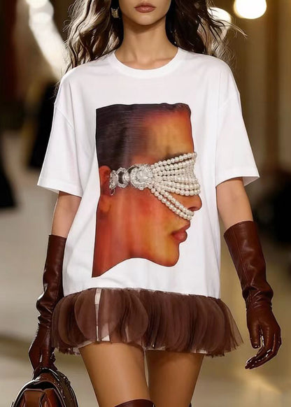 Natural White Oversized Patchwork Pearl Cotton Long Tops Summer