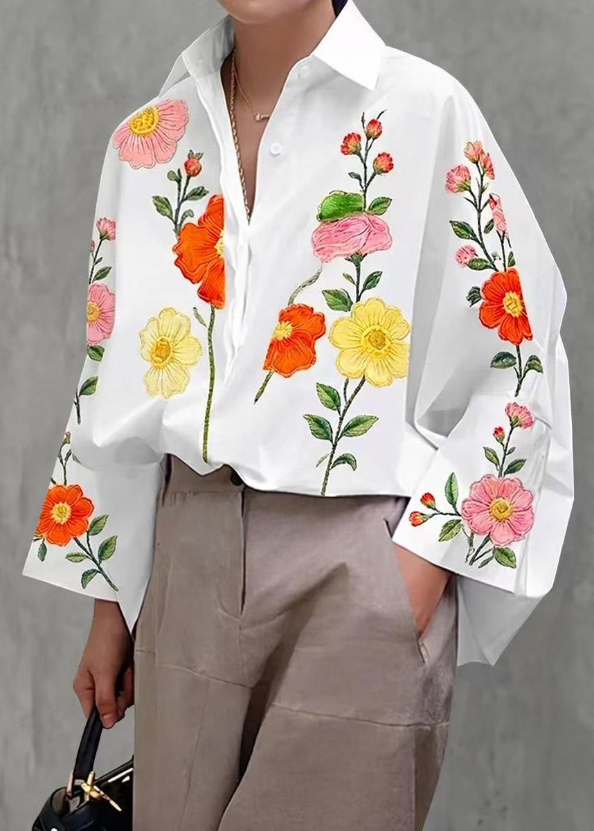 Natural White Oversized Print Cotton Blouse Tops Fall