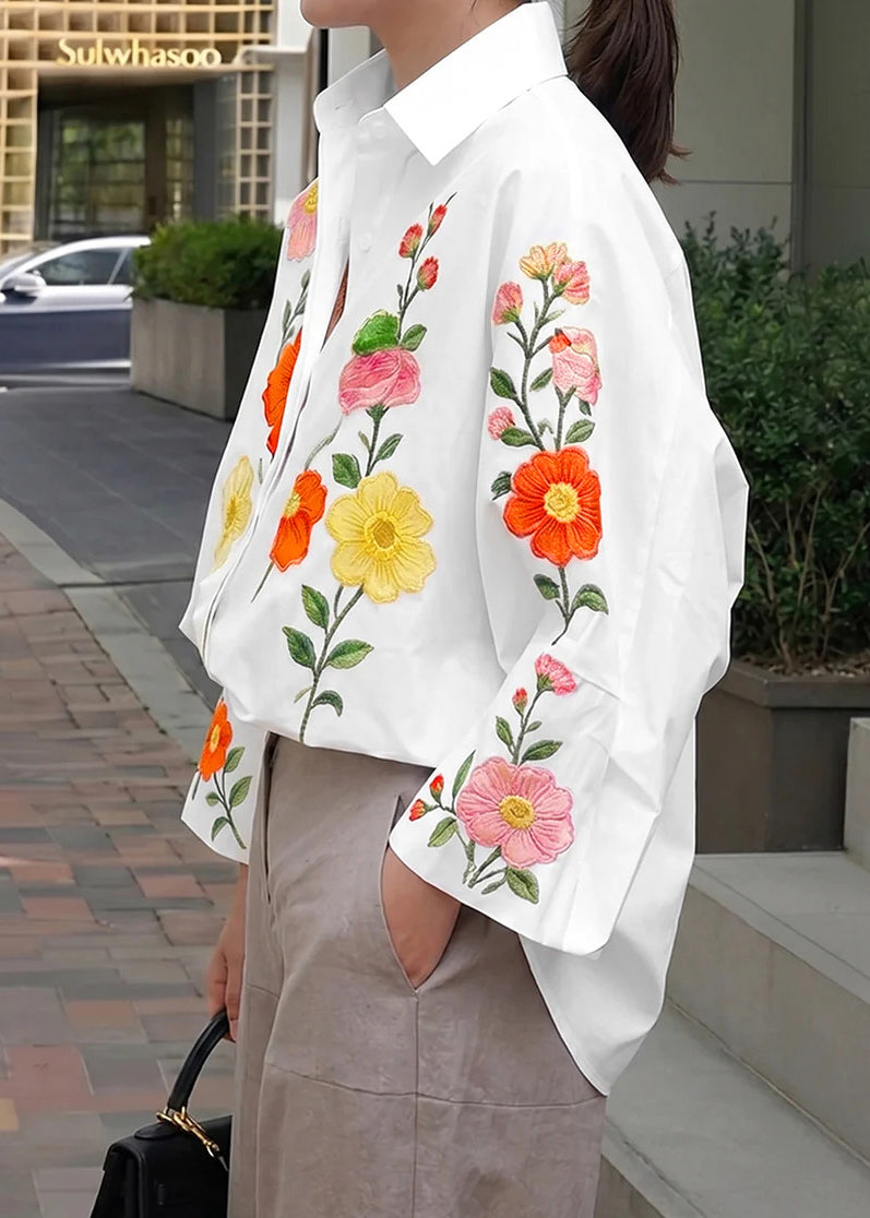 Natural White Oversized Print Cotton Blouse Tops Fall