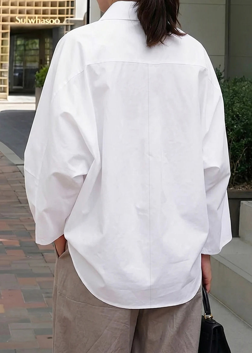 Natural White Oversized Print Cotton Blouse Tops Fall
