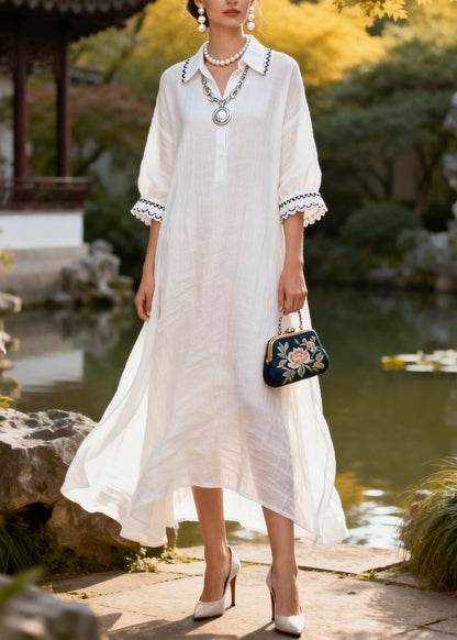Natural White Peter Pan Collar Lace Patchwork Cotton Dress Summer
