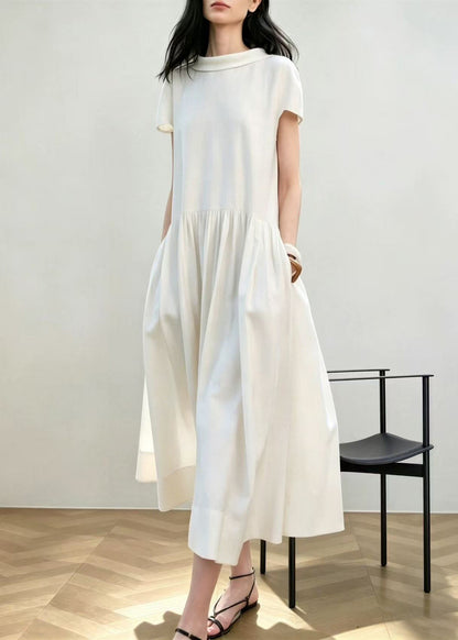 Natural White Peter Pan Collar Wrinkled Vacation Dresses Short Sleeve
