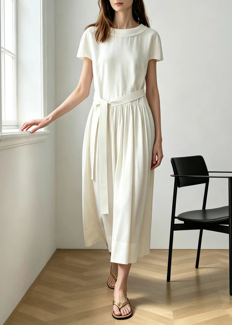Natural White Peter Pan Collar Wrinkled Vacation Dresses Short Sleeve