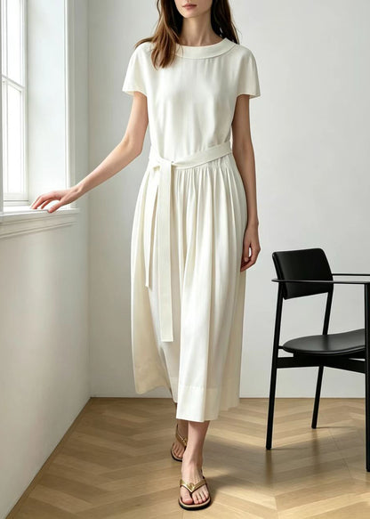 Natural White Peter Pan Collar Wrinkled Vacation Dresses Short Sleeve
