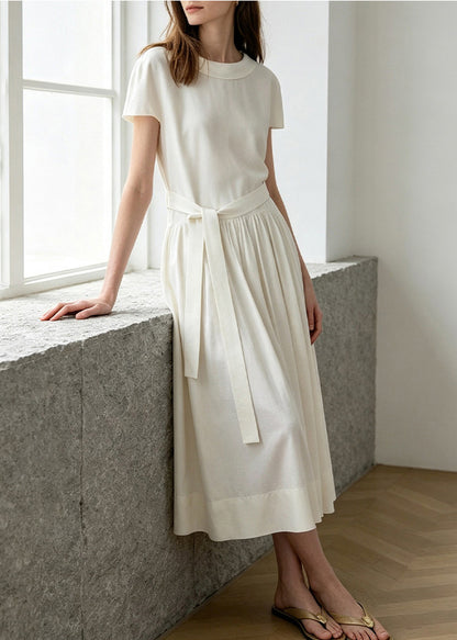 Natural White Peter Pan Collar Wrinkled Vacation Dresses Short Sleeve