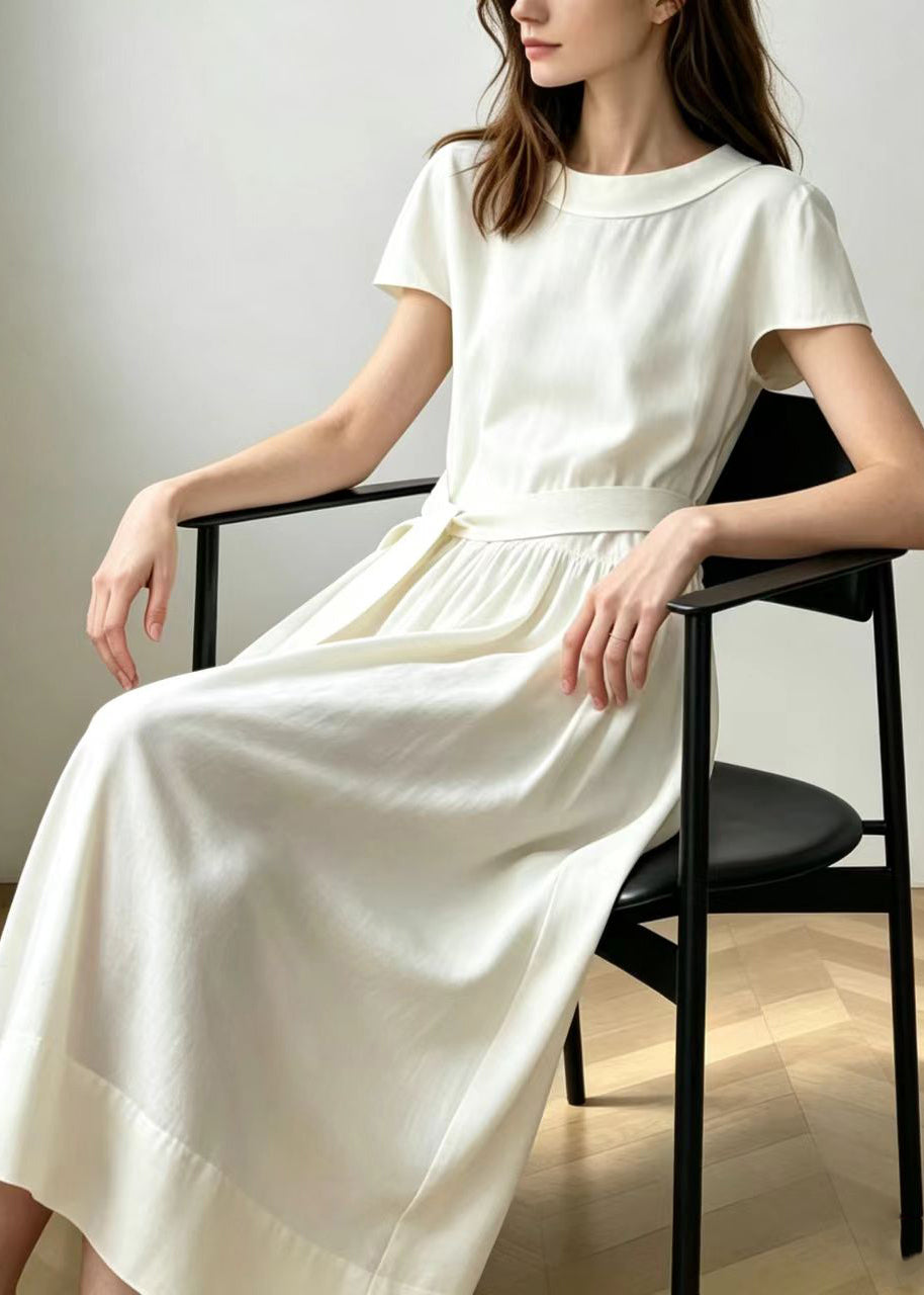 Natural White Peter Pan Collar Wrinkled Vacation Dresses Short Sleeve