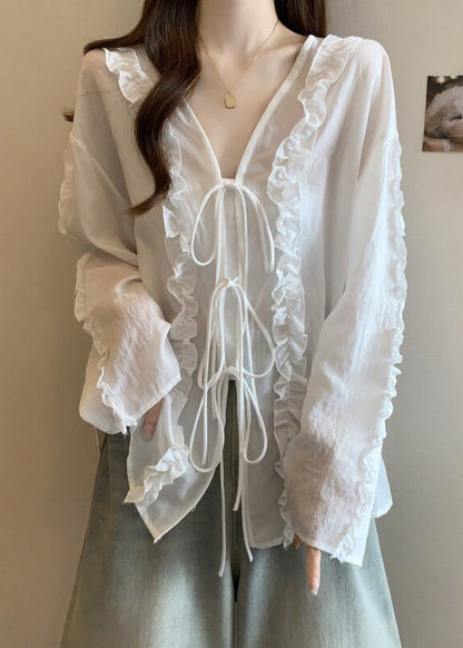Natural White Ruffled Chiffon Shirt Flare Sleeve