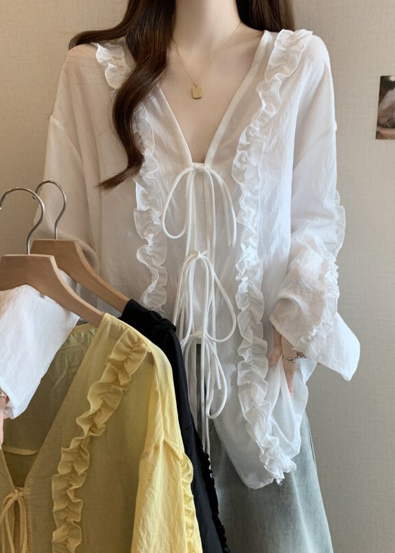 Natural White Ruffled Chiffon Shirt Flare Sleeve