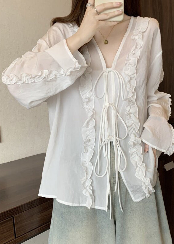 Natural White Ruffled Chiffon Shirt Flare Sleeve