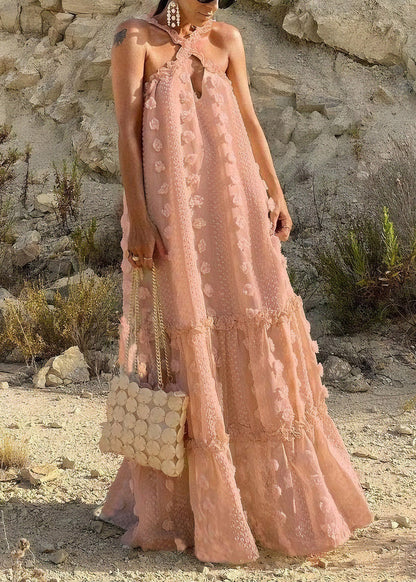 Natural White Ruffled Floral Patchwork Cotton Long Dresses Summer