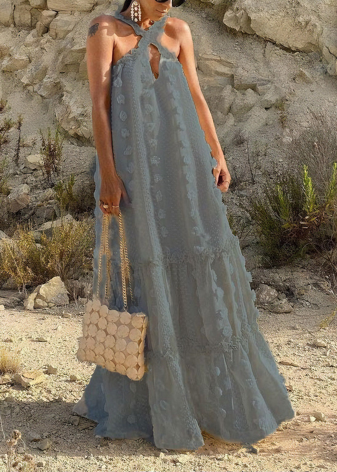 Natural White Ruffled Floral Patchwork Cotton Long Dresses Summer