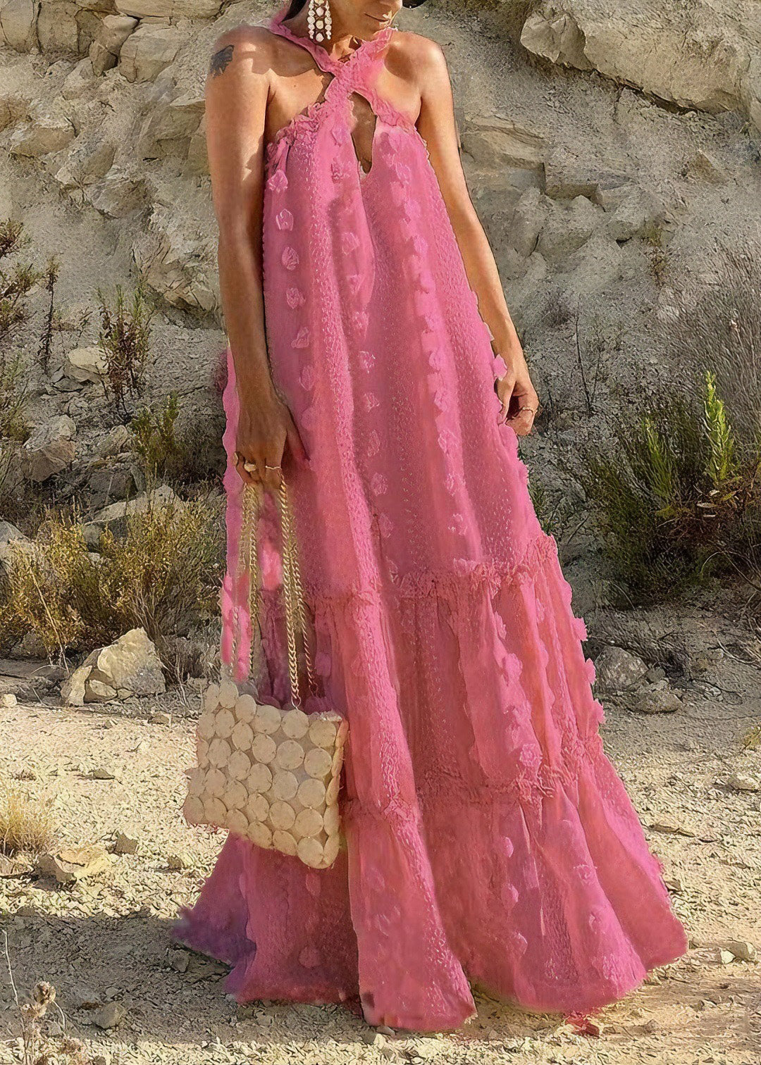 Natural White Ruffled Floral Patchwork Cotton Long Dresses Summer