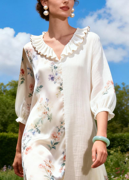 Natural White Ruffled Patchwork Silk Long Dresses Summer