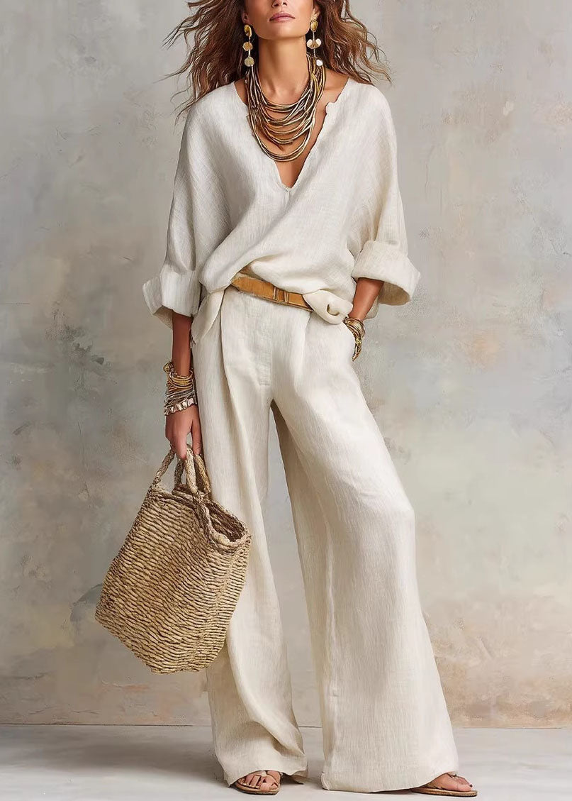 Natural White Solid Top And Wide Leg Pants Two Pieces Set Long Sleeve