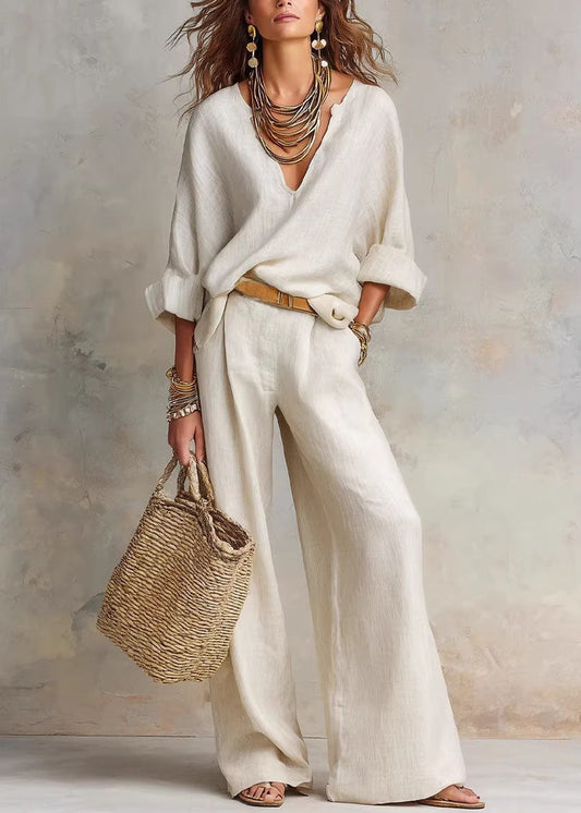 Natural White Solid Top And Wide Leg Pants Two Pieces Set Long Sleeve