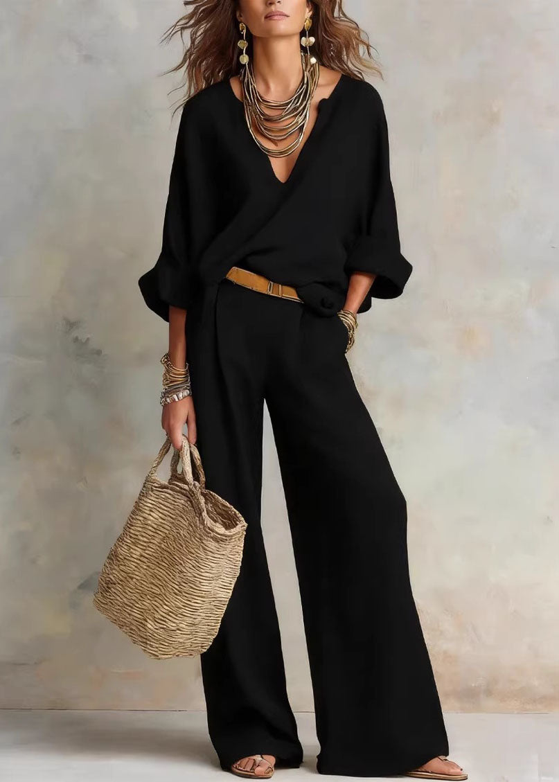Natural White Solid Top And Wide Leg Pants Two Pieces Set Long Sleeve