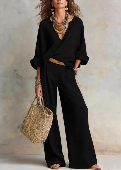 Natural White Solid Top And Wide Leg Pants Two Pieces Set Long Sleeve
