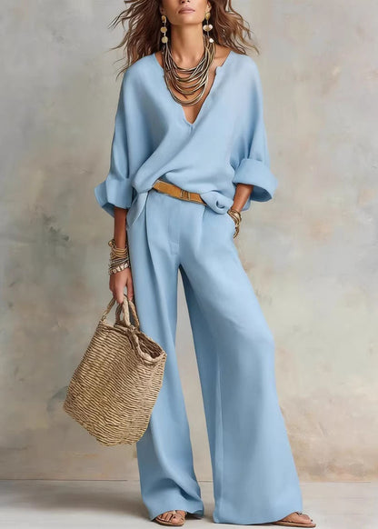 Natural White Solid Top And Wide Leg Pants Two Pieces Set Long Sleeve