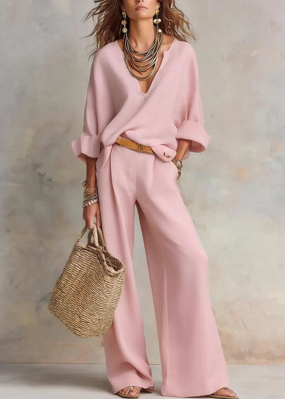 Natural White Solid Top And Wide Leg Pants Two Pieces Set Long Sleeve