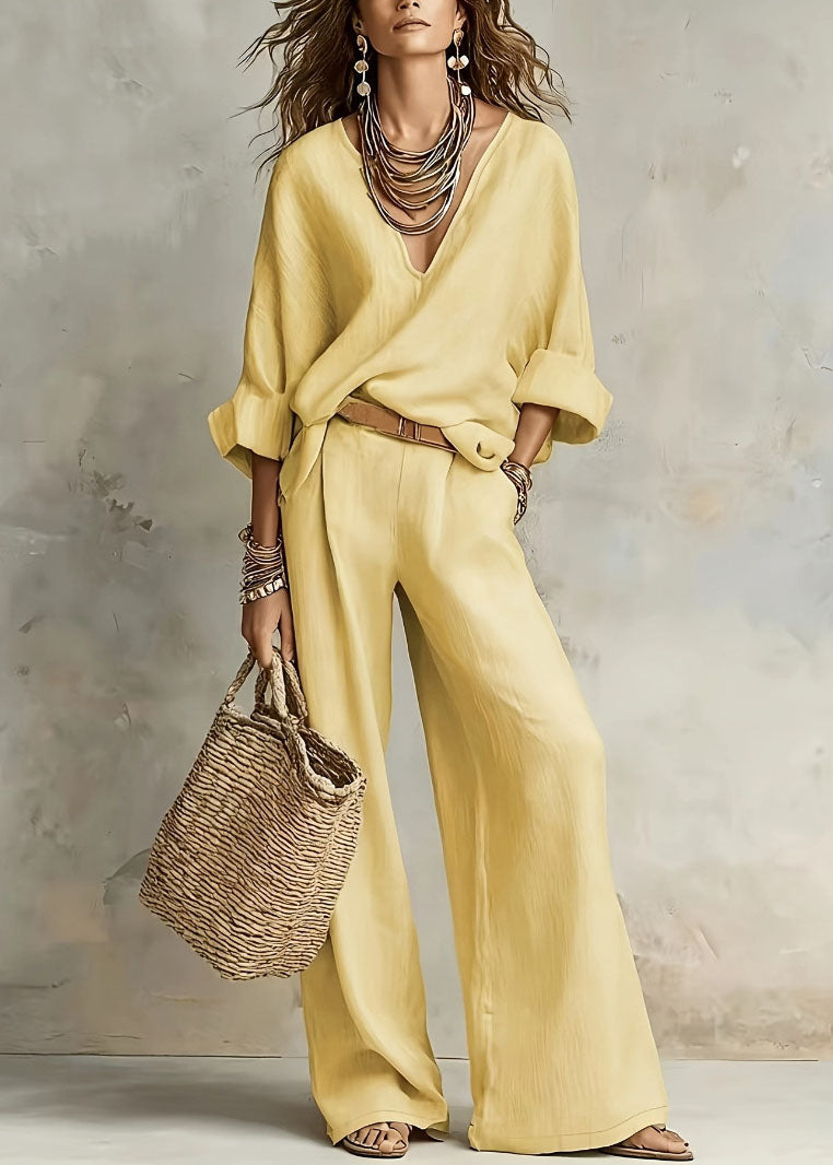 Natural White Solid Top And Wide Leg Pants Two Pieces Set Long Sleeve