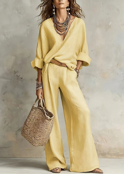 Natural White Solid Top And Wide Leg Pants Two Pieces Set Long Sleeve