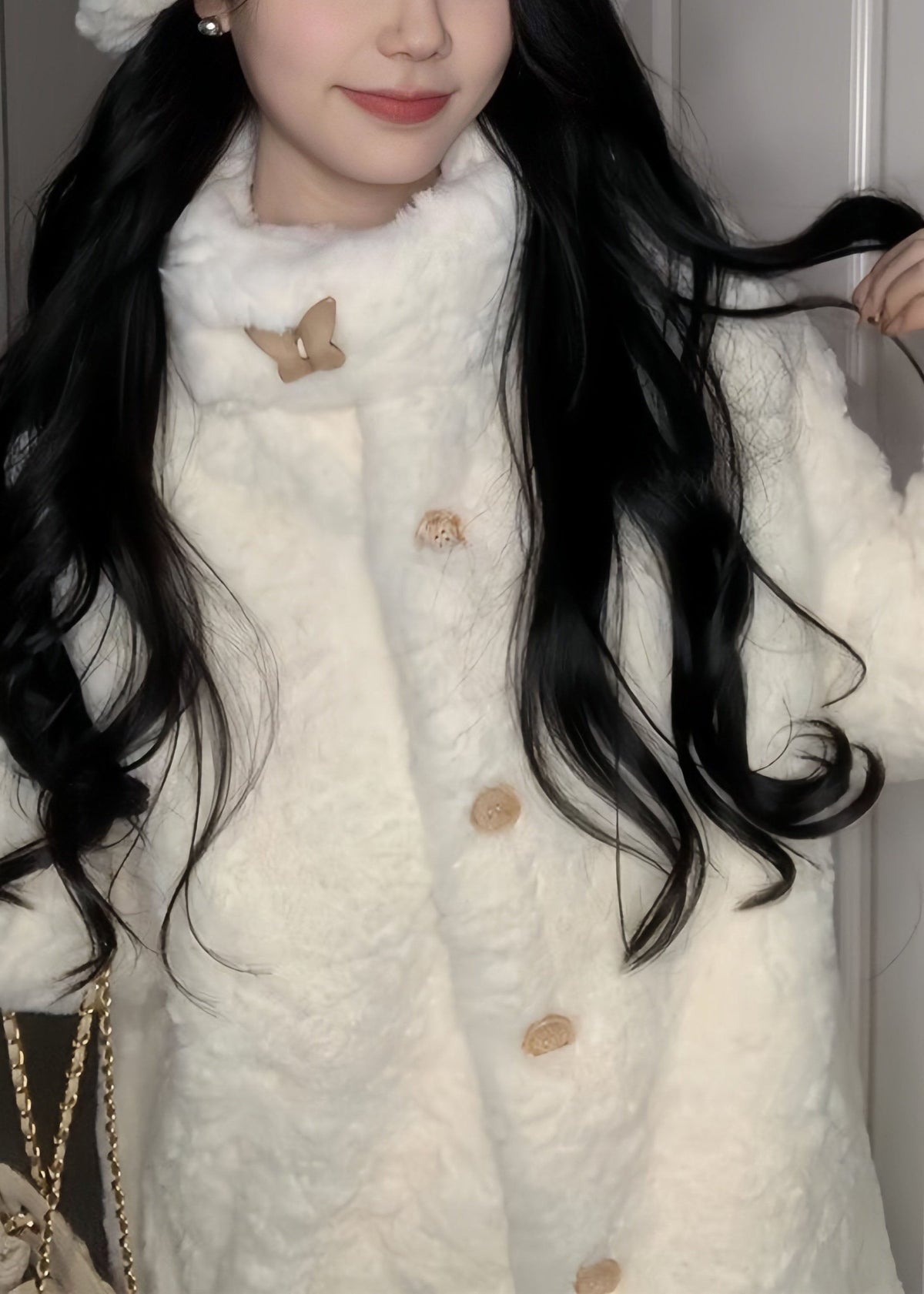 Natural White Stand Collar Button Faux Fur Long Coat Winter