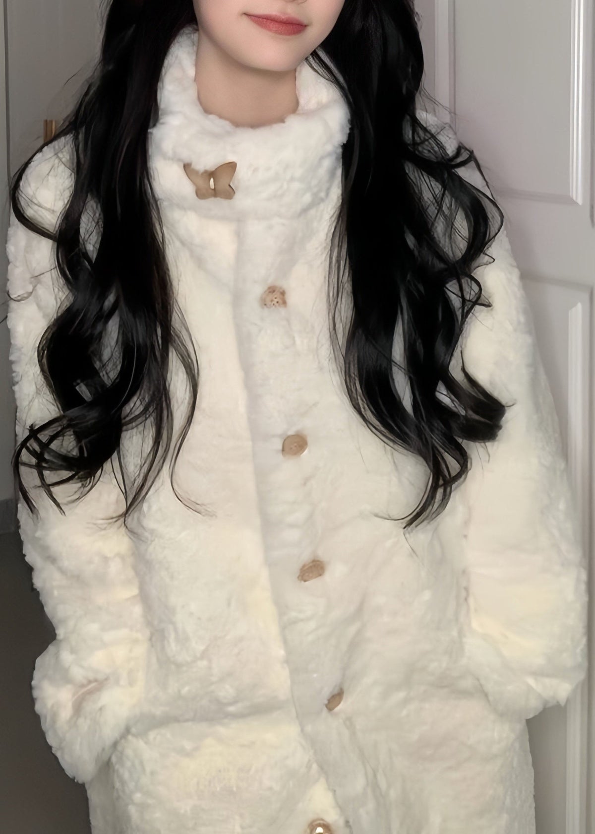 Natural White Stand Collar Button Faux Fur Long Coat Winter