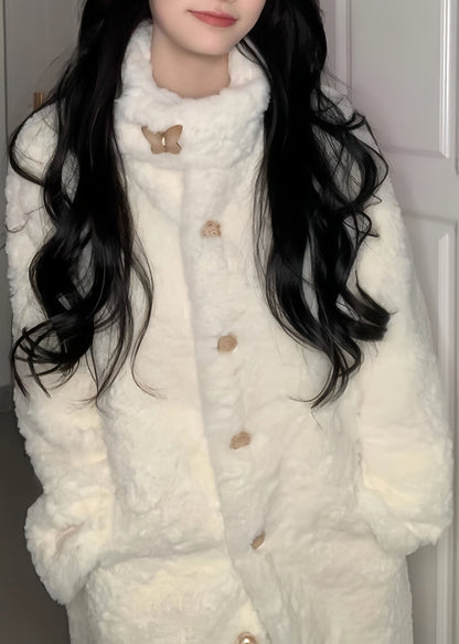 Natural White Stand Collar Button Faux Fur Long Coat Winter