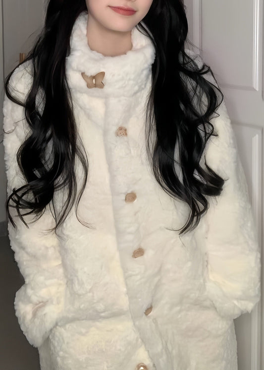 Natural White Stand Collar Button Faux Fur Long Coat Winter