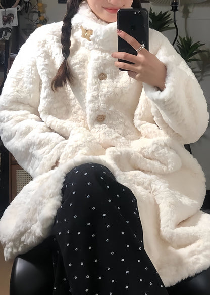 Natural White Stand Collar Button Faux Fur Long Coat Winter