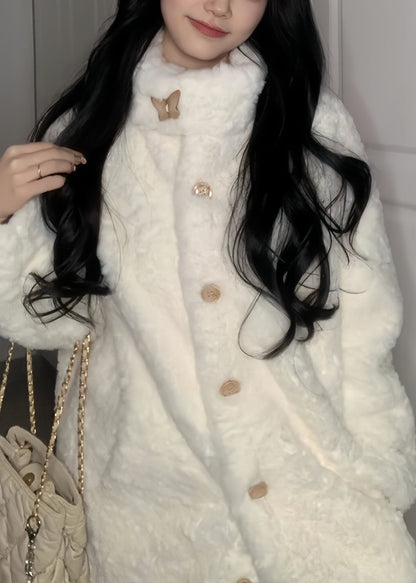 Natural White Stand Collar Button Faux Fur Long Coat Winter