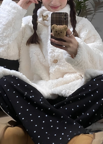 Natural White Stand Collar Button Faux Fur Long Coat Winter