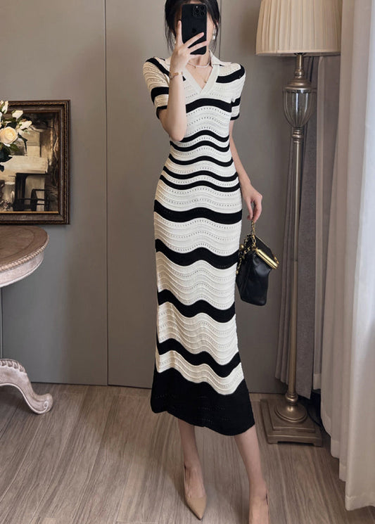 Natural White Striped Hollow Out Knit Ankle Dress Summer