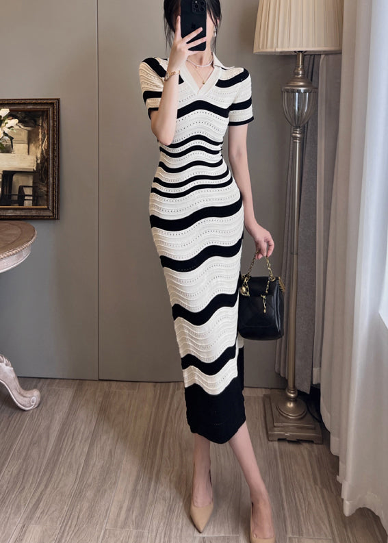 Natural White Striped Hollow Out Knit Ankle Dress Summer
