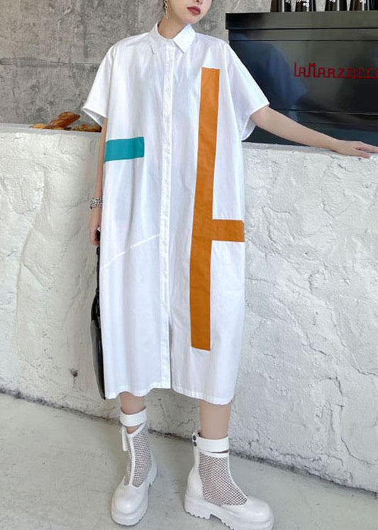Natural White Summer Patchwork Cotton Short Sleeve Robe Dresses - SooLinen