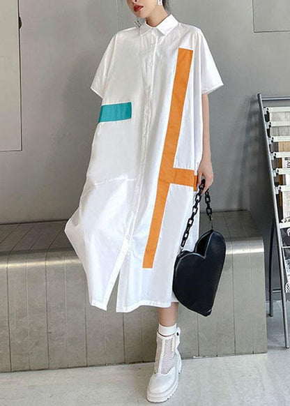 Natural White Summer Patchwork Cotton Short Sleeve Robe Dresses - SooLinen