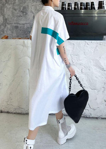Natural White Summer Patchwork Cotton Short Sleeve Robe Dresses - SooLinen