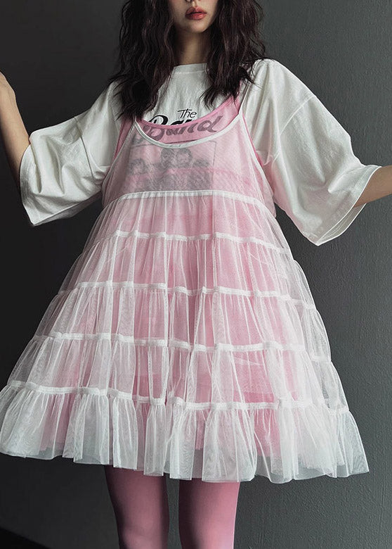 Natural White U Neck Double-Layer Tulle Mid Spaghetti Strap Dress Summer