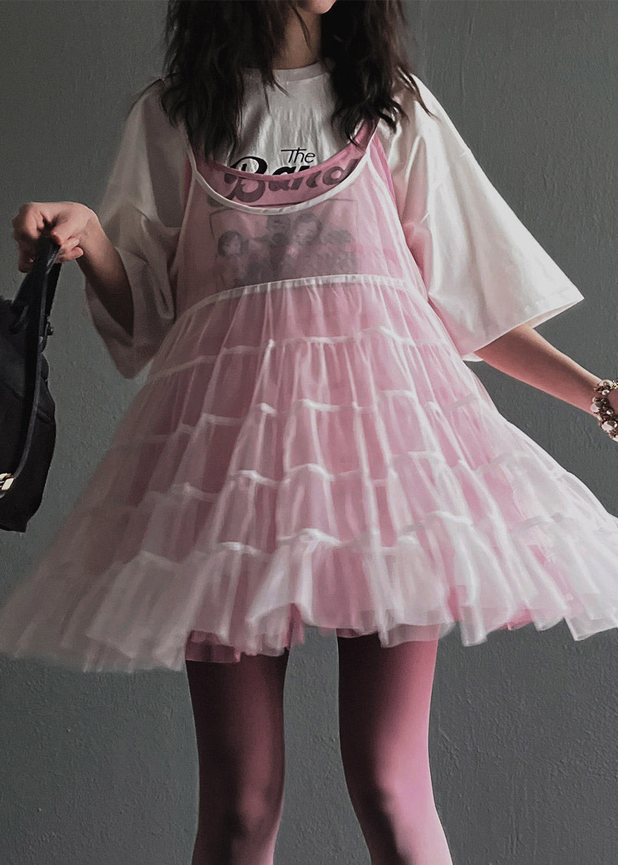 Natural White U Neck Double-Layer Tulle Mid Spaghetti Strap Dress Summer