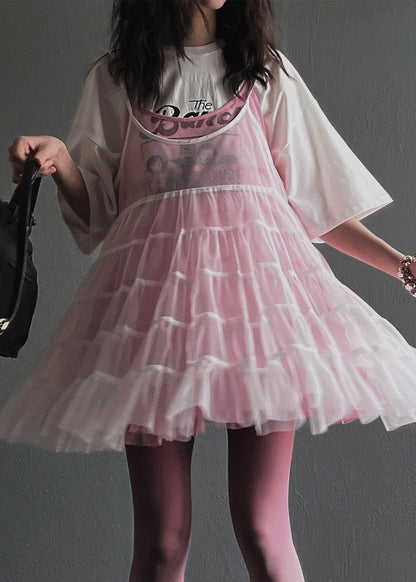 Natural White U Neck Double-Layer Tulle Mid Spaghetti Strap Dress Summer
