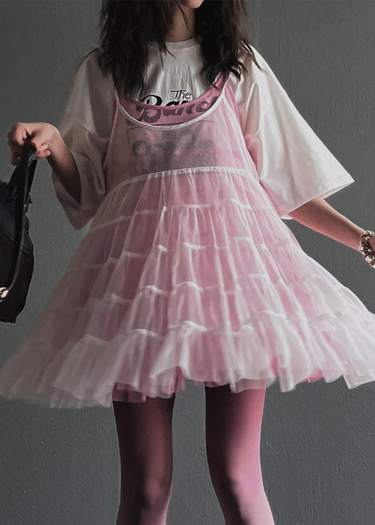 Natural White U Neck Double-Layer Tulle Mid Spaghetti Strap Dress Summer