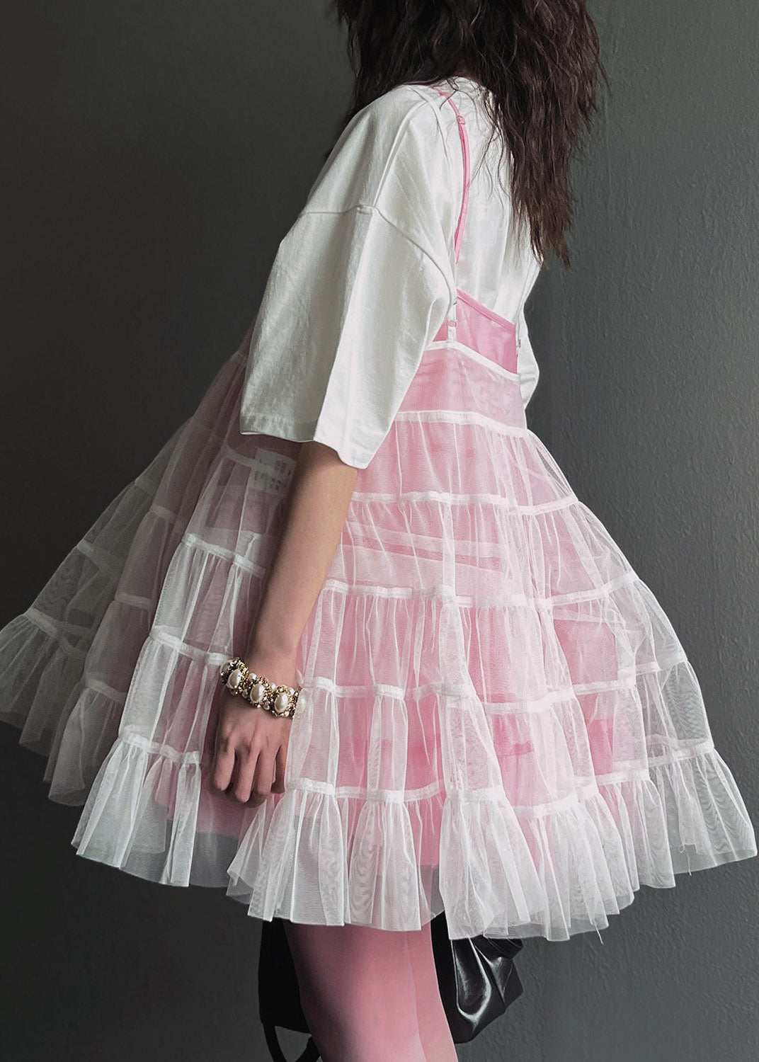 Natural White U Neck Double-Layer Tulle Mid Spaghetti Strap Dress Summer