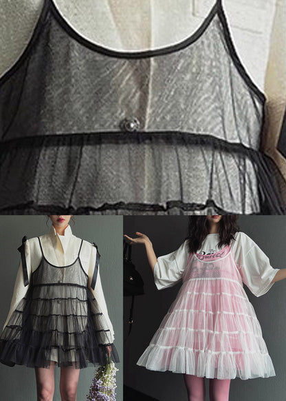 Natural White U Neck Double-Layer Tulle Mid Spaghetti Strap Dress Summer