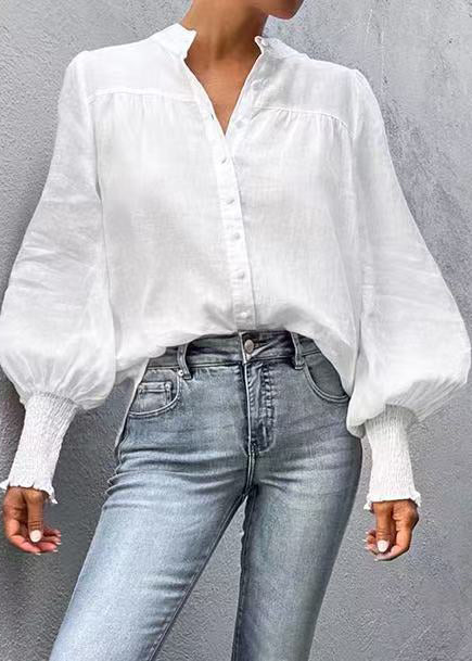 Natural White V Neck Cotton Shirt Top Lantern Sleeve