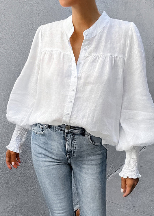 Natural White V Neck Cotton Shirt Top Lantern Sleeve