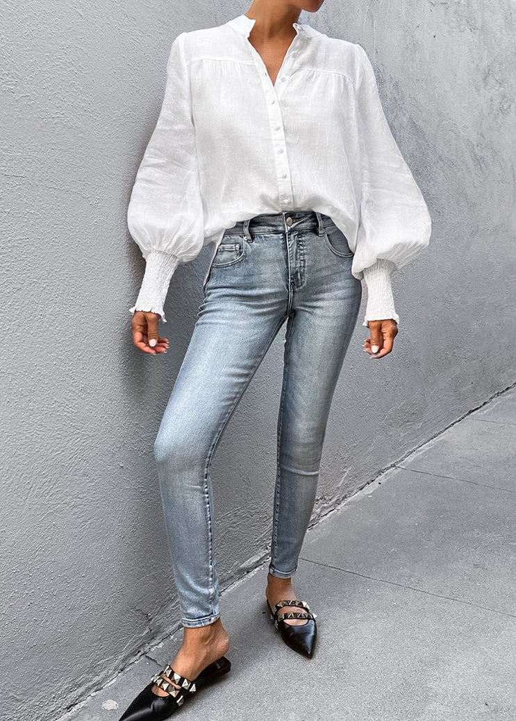 Natural White V Neck Cotton Shirt Top Lantern Sleeve
